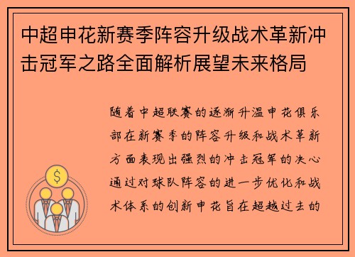 中超申花新赛季阵容升级战术革新冲击冠军之路全面解析展望未来格局